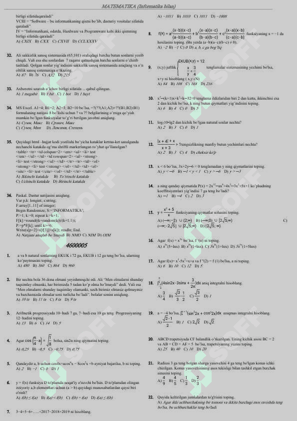DTM da tushgan 1080 ta test. Matematikadan javoblari eng oxirida. 6