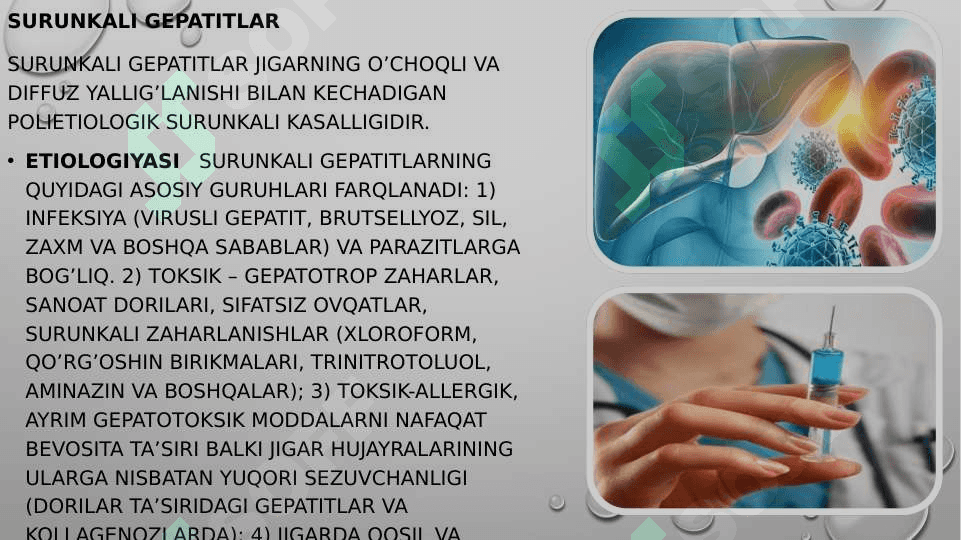 JIGAR VA O'T YO'LLARI SURUNKALI GEPATITLAR. JIGAR SAROZI SENIOTIKASI SURUNKALI XOLESISTITLAR SEMIOTIKAS ASOSIY KLINIK SINDROMLAR SARIQLIK, PORTAL GIPERTENZIYA, JIGAR YETISHMOVCHILIGI 2