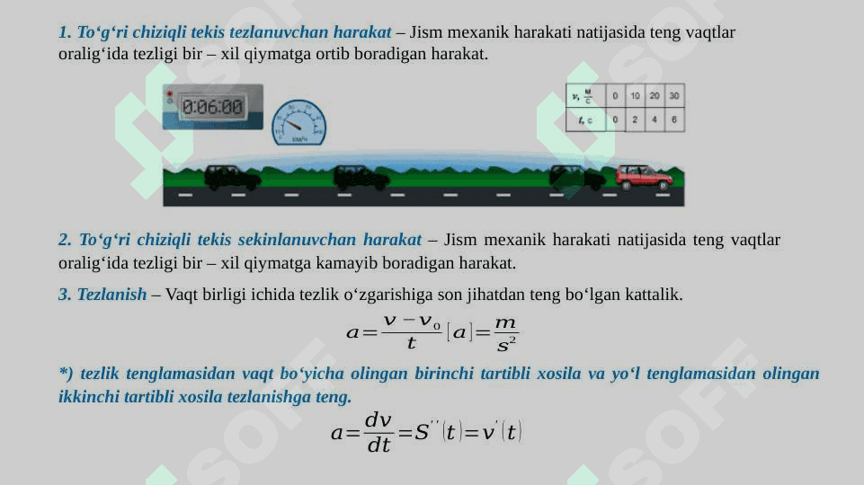 TO‘G‘RI CHIZIQLI TEKIS O‘ZGARUVCHAN HARAKATDA TEZLANISH VA TEZLIK 2