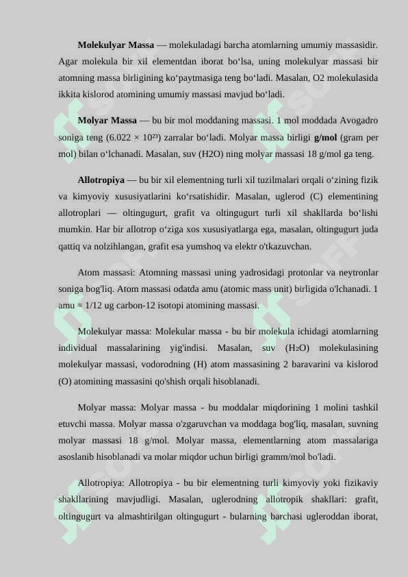 ATOM MASSA. MOLEKULYAR MASSA. MOLYAR MASSA VA ALLOTROLIYA 7
