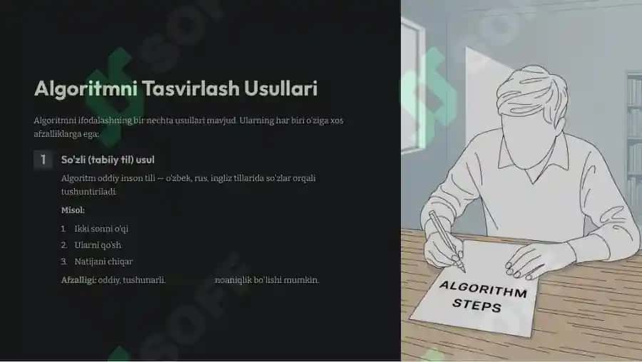 Algoritm. Algoritm xossalari, tasvirlash usullari va turlari 6