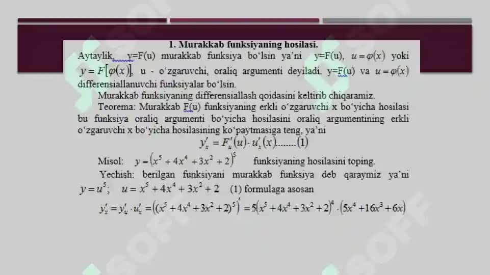 Murakkab va teskari funktsiyalarning hosilalari 2