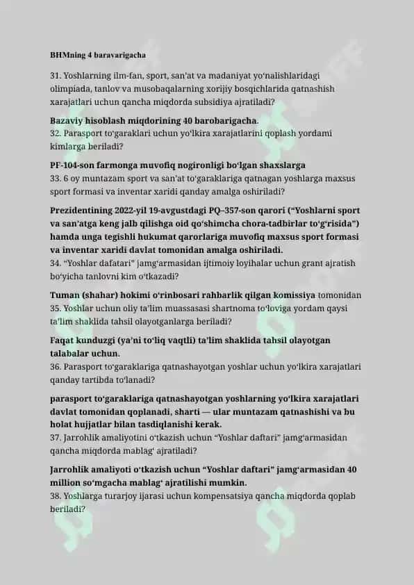 Argos yoshlar yetachilariga tushadigan suhbat savol javoblari 150 ta savol javobi bilan 6