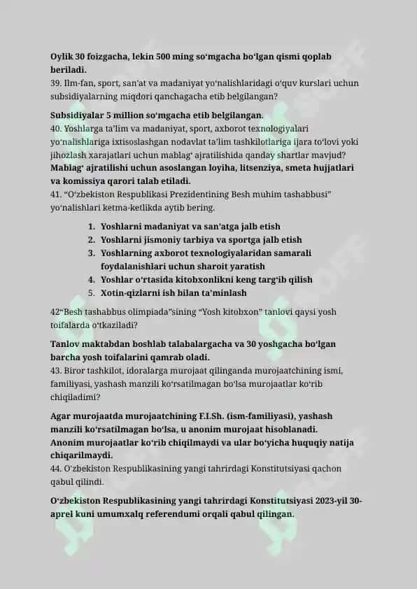 Argos yoshlar yetachilariga tushadigan suhbat savol javoblari 150 ta savol javobi bilan 7
