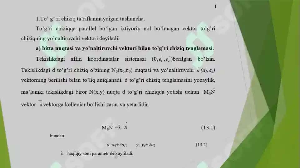 TEKISLIKDA TO’G’RI CHIZIQ VA ULARNING TENGLAMALARI 2