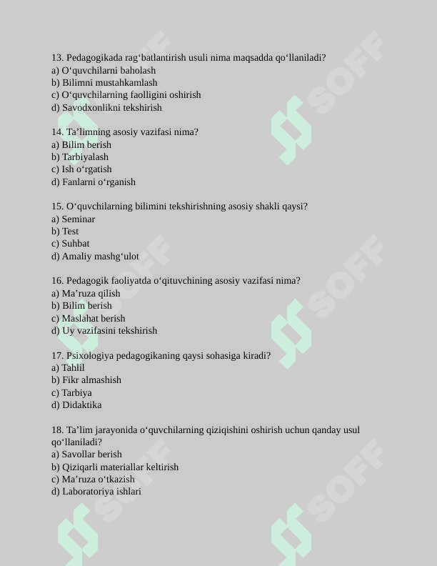 Umumiy pedagogika fanidan tayyorlagan 30 ta Test (javoblar kaliti bilan ) 4