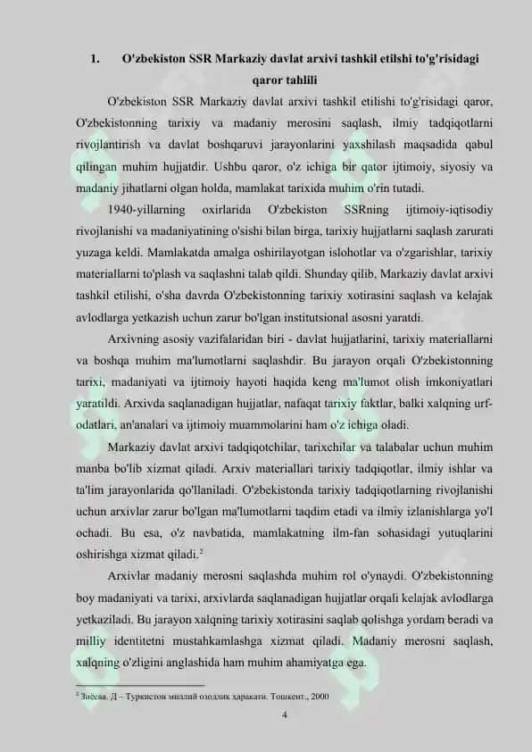 O‘zbekiston SSR Markaziy davlat arxivi tashkil etilishi to'g'risidagi qaror tahlili 4