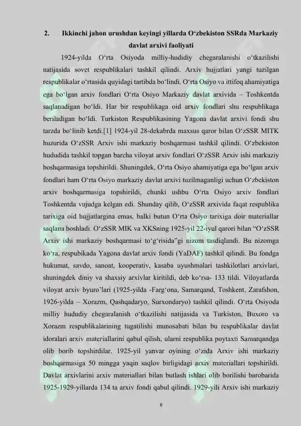 O‘zbekiston SSR Markaziy davlat arxivi tashkil etilishi to'g'risidagi qaror tahlili 8