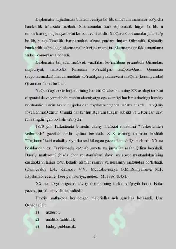 XX asr tarixini yorituvchi manbalar tavsifi (gazeta va jurnallar misolida) 8