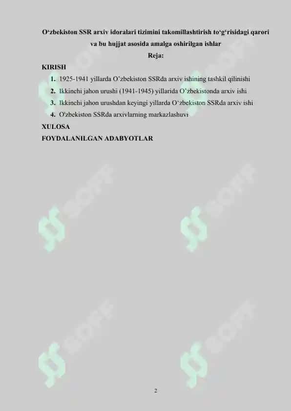 Oʻzbekiston SSR arxiv idoralari tizimini takomillashtirish to‘g‘risidagi qarori va bu hujjat asosida amalga oshirilgan ishlar 2
