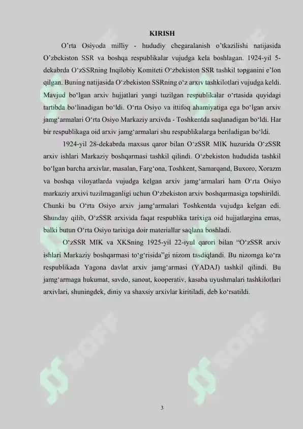 Oʻzbekiston SSR arxiv idoralari tizimini takomillashtirish to‘g‘risidagi qarori va bu hujjat asosida amalga oshirilgan ishlar 3