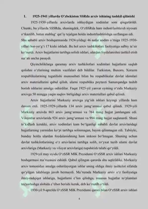 Oʻzbekiston SSR arxiv idoralari tizimini takomillashtirish to‘g‘risidagi qarori va bu hujjat asosida amalga oshirilgan ishlar 4