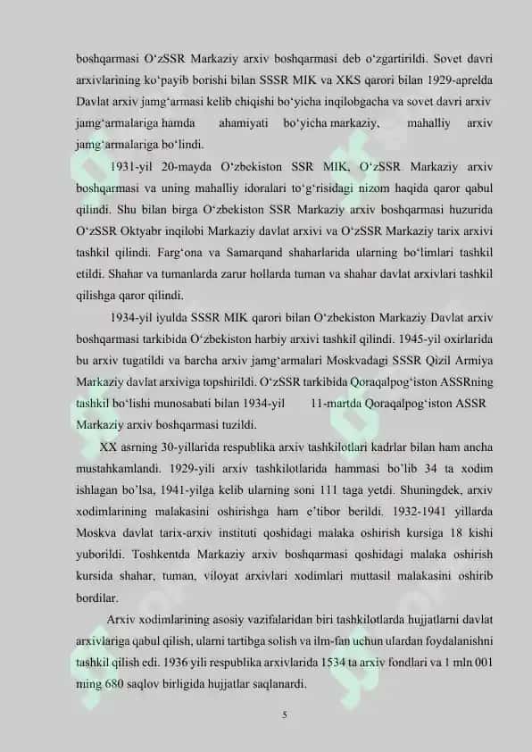 Oʻzbekiston SSR arxiv idoralari tizimini takomillashtirish to‘g‘risidagi qarori va bu hujjat asosida amalga oshirilgan ishlar 5