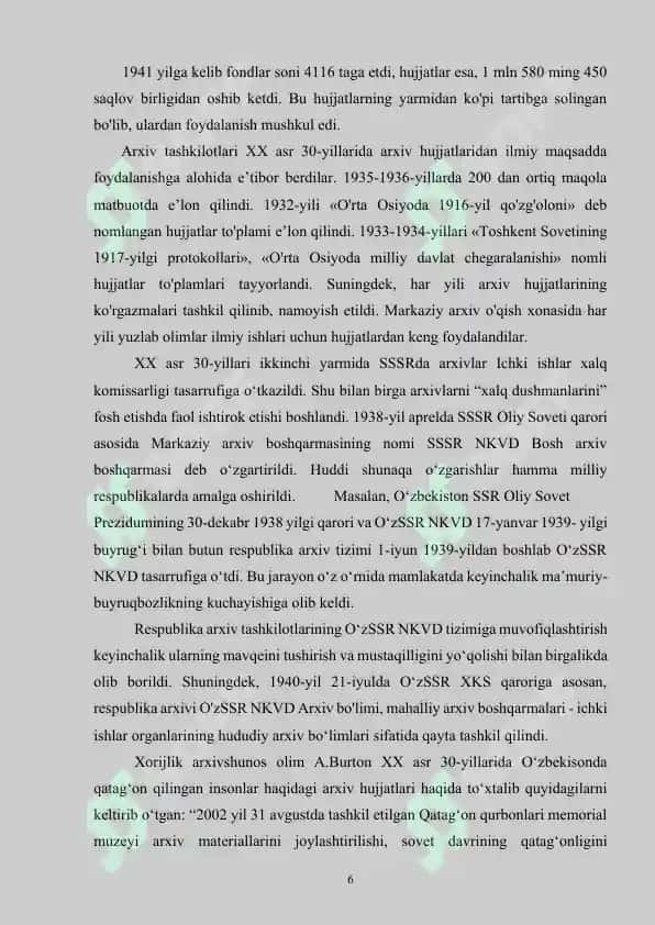 Oʻzbekiston SSR arxiv idoralari tizimini takomillashtirish to‘g‘risidagi qarori va bu hujjat asosida amalga oshirilgan ishlar 6