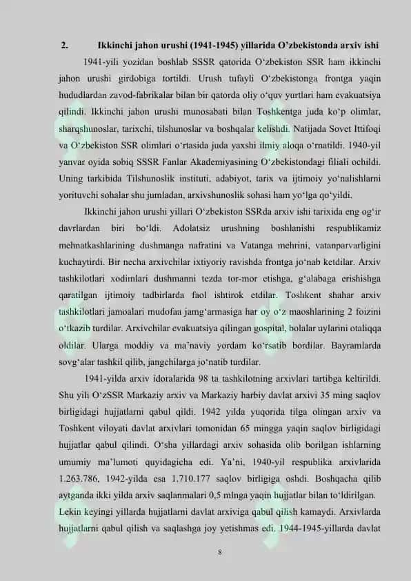 Oʻzbekiston SSR arxiv idoralari tizimini takomillashtirish to‘g‘risidagi qarori va bu hujjat asosida amalga oshirilgan ishlar 8