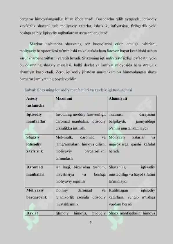 Mavzu: Shaxsning muhim iqtisodiy manfaatlari va havfsizligini ta’minlash yo’llari.. MUSTAQIL ISHI.WORD 5