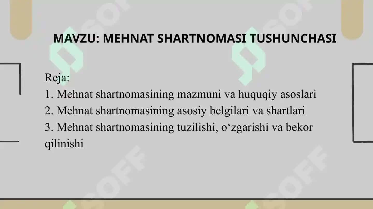MAVZU: MEHNAT SHARTNOMASI TUSHUNCHASI . Taqdimot 2
