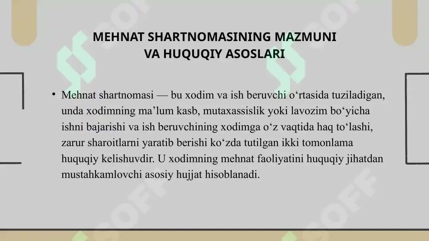 MAVZU: MEHNAT SHARTNOMASI TUSHUNCHASI . Taqdimot 3