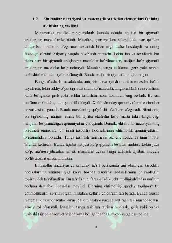 MAKTAB KURSIDA EHTIMOLLIKLAR NAZARIYASINING OʻQITILISHI 8
