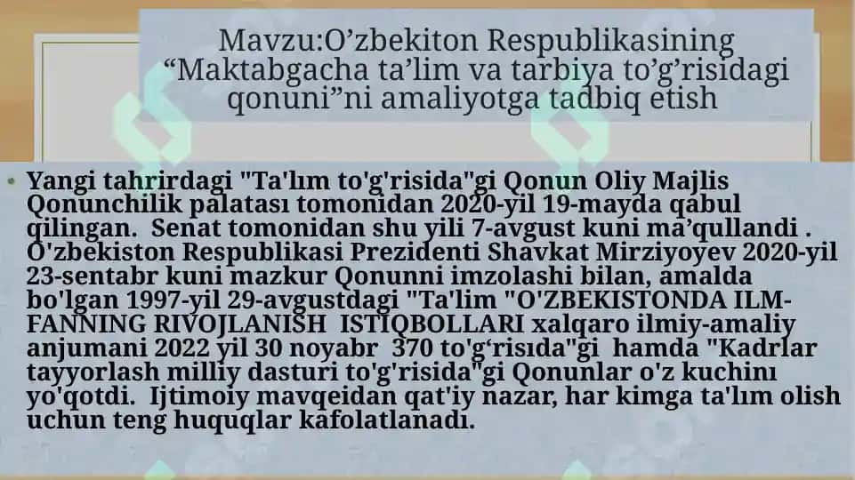 O'zbekiston Respublikasining "Maktabgacha ta'lim va tarbiyato'g'risidagi qonuni" niamaliyoti 2