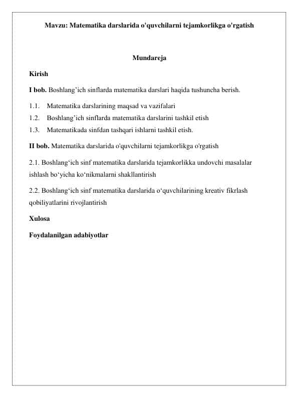 matematikadan o'quvchilarni tejamkorlikga tayyorlash