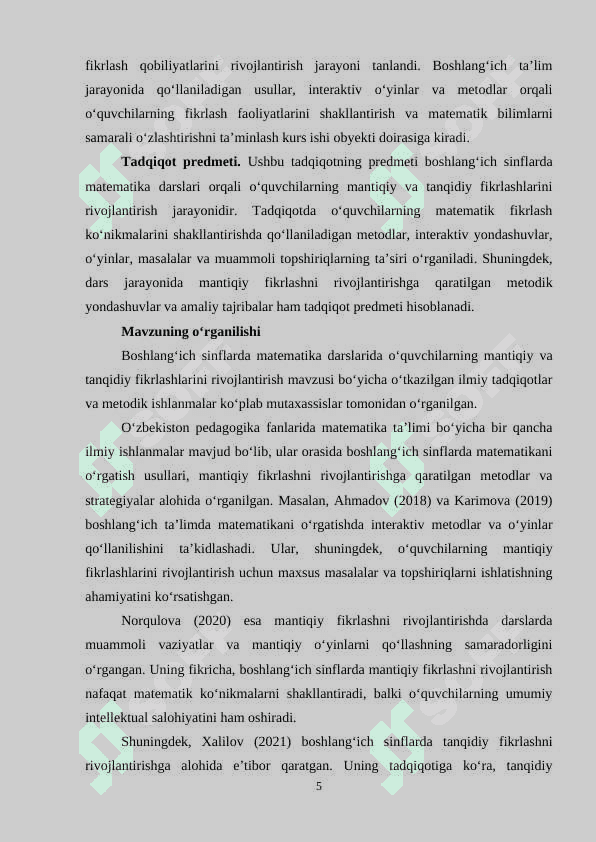 Matematika darslarida boshlang'ich sinf o'quvchilarining mantiqiy va tanqidiy fikrlashlarini rivojlantirish 5