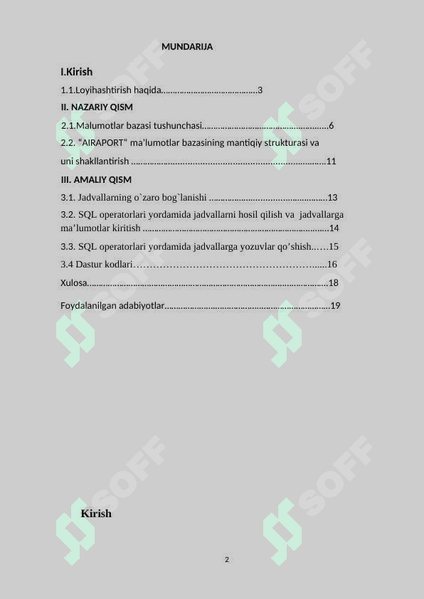 Dasturiy injinering fanidan “Airaport” loyihasini loyihalashtirish va ishlab chiqish mavzusida kurs ishi 2