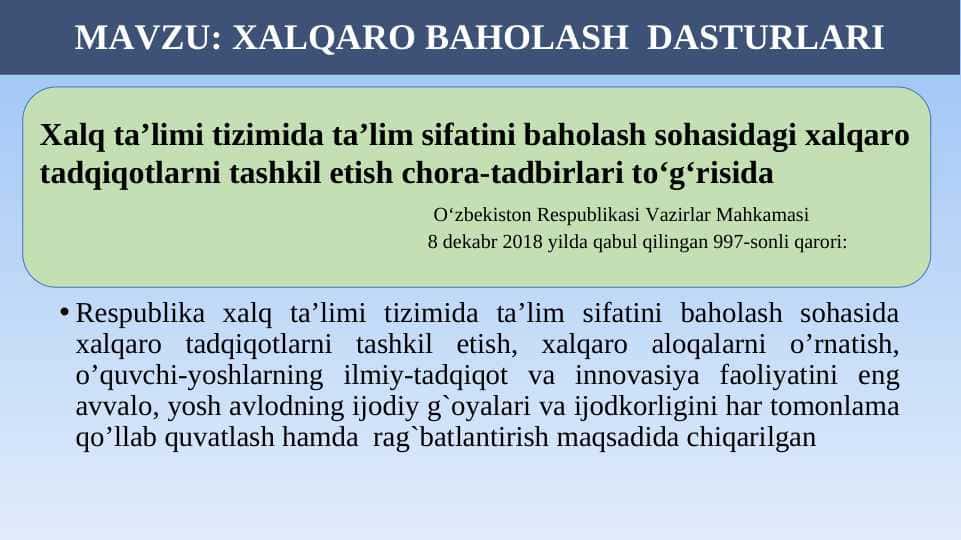 XALQARO BAHOLASH  DASTURLARI