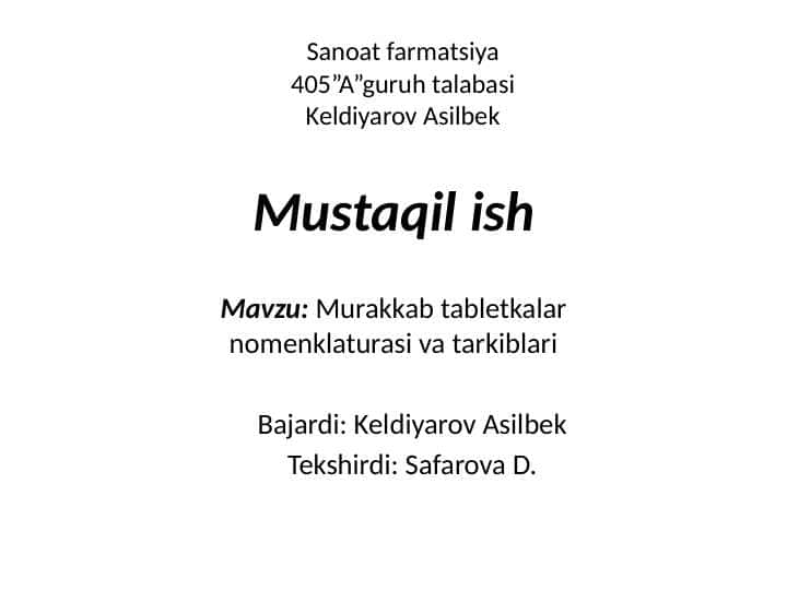 Murakkab tabletkalar nomenklaturasi va tarkiblari 1