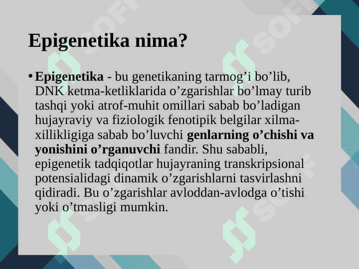 Epigenomika. Genlar faoliyatini boshqarilishining epigenetik mexanizmlari 4
