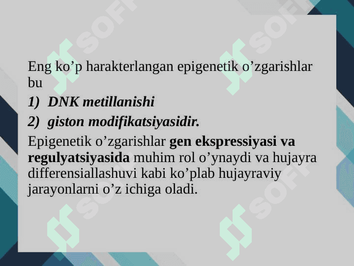 Epigenomika. Genlar faoliyatini boshqarilishining epigenetik mexanizmlari 5