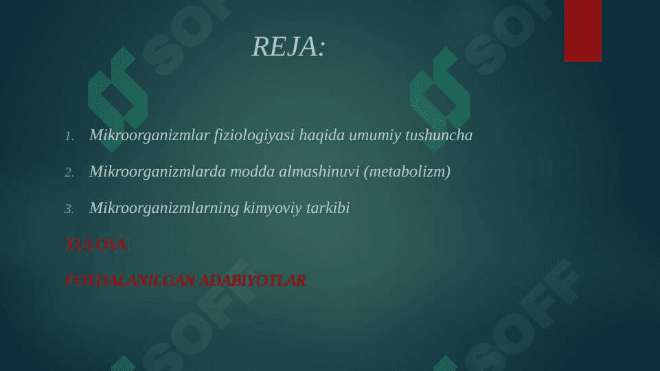 Mikroorganizmlar fiziologiyasi. Mikroorganizmlarning modda almashinuvi. Kimyoviy tarkibi va oziqlanishi 2