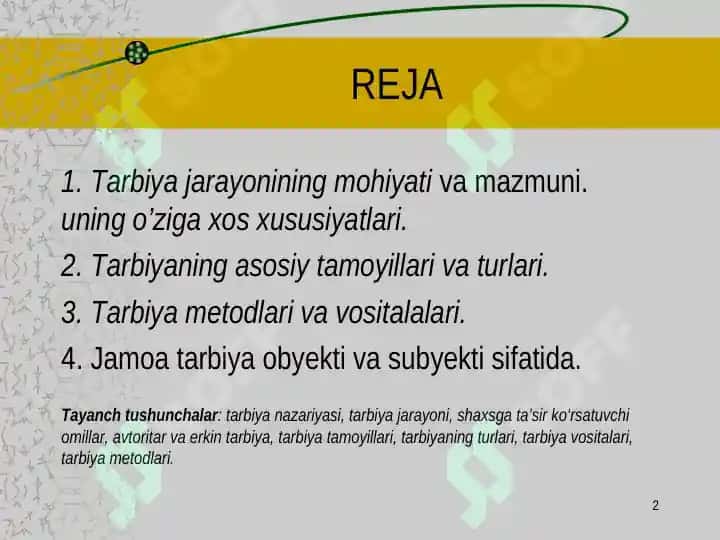 Tarbiya jarayonining mohiyati va mazmuni. Jamoa tarbiya obyekti va subyekti sifatida. Tarbiyaning umumiy metodlari. 2