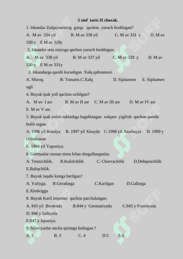 5-sinf tarix 1-4-chorak (Javoblari bilan)+ 4