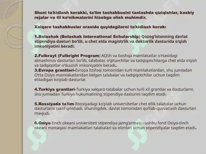 O’ZBEKISTONDA VA XORIJDA MAVJUD TA’LIM GRANTLARI, STIPENDIYALARI HAQIDA 4