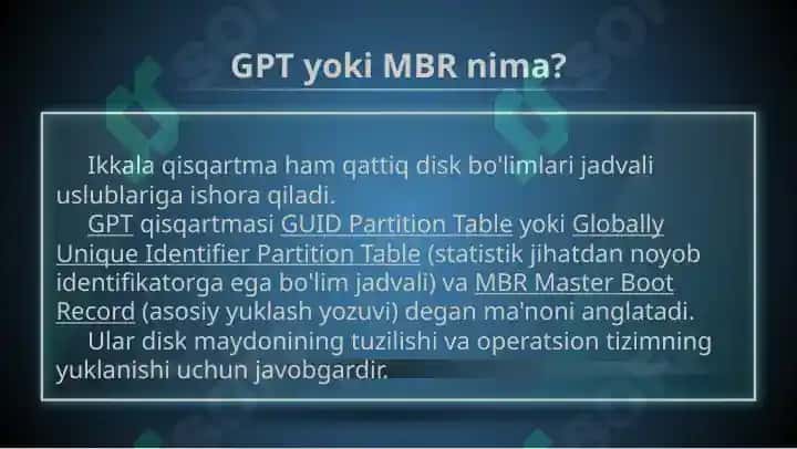 Disk bo'limlash tizimlari (GPT va MBR) 2