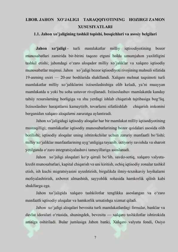 JAHON XO’JALIGI TARAQQIYOTINING  HOZIRGI ZAMON  XUSUSIYATLARI 7