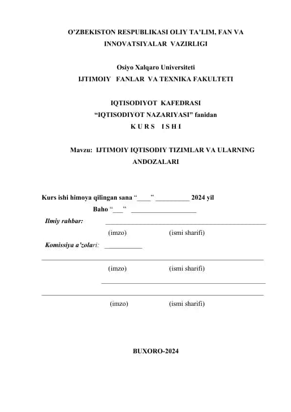 IJTIMOIY IQTISODIY TIZIMLAR VA ULARNING ANDOZALARI