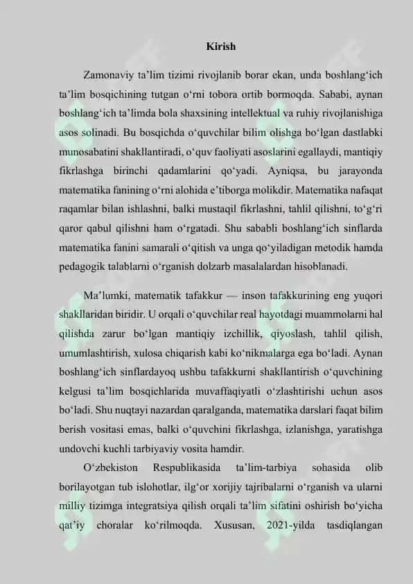 BOSHLANG‘ICH SINFLARNING MATEMATIKA DARSLARI VA ULARGA QO‘YILADIGAN TALABLAR 2