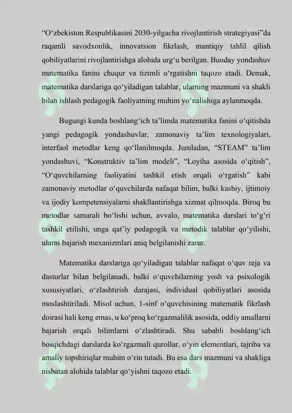 BOSHLANG‘ICH SINFLARNING MATEMATIKA DARSLARI VA ULARGA QO‘YILADIGAN TALABLAR 3