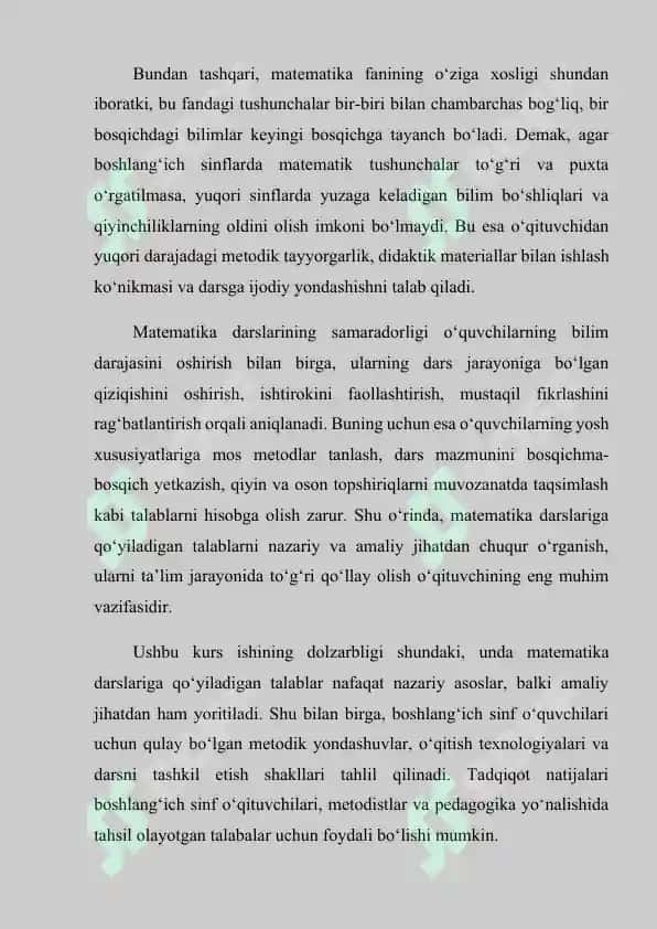 BOSHLANG‘ICH SINFLARNING MATEMATIKA DARSLARI VA ULARGA QO‘YILADIGAN TALABLAR 4