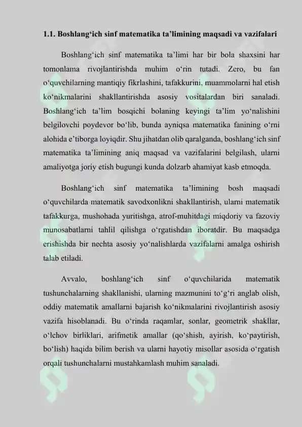 BOSHLANG‘ICH SINFLARNING MATEMATIKA DARSLARI VA ULARGA QO‘YILADIGAN TALABLAR 7