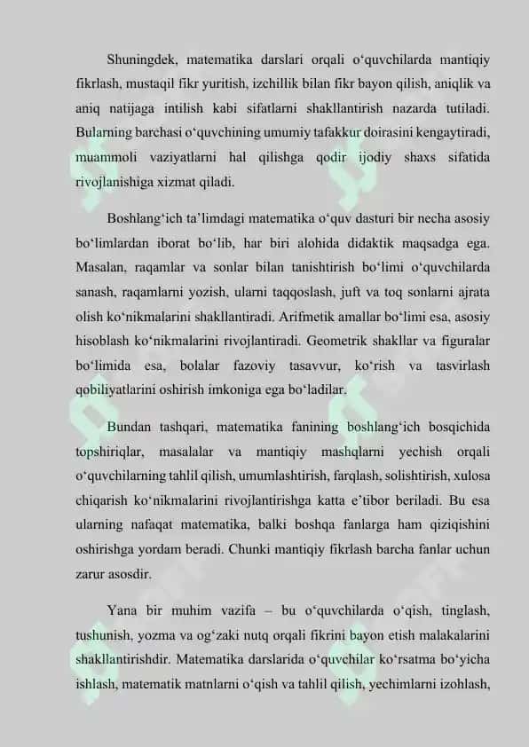 BOSHLANG‘ICH SINFLARNING MATEMATIKA DARSLARI VA ULARGA QO‘YILADIGAN TALABLAR 8