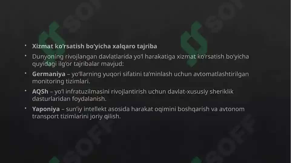 Avtomobil yo'llarida harakatga xizmat ko'rsatish 8