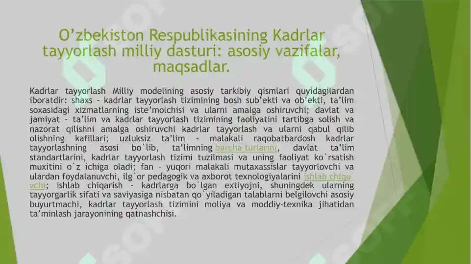 O’zbekiston Respublikasining Kadrlar tayyorlash milliy dasturi: asosiy vazifalar, maqsadlar 2