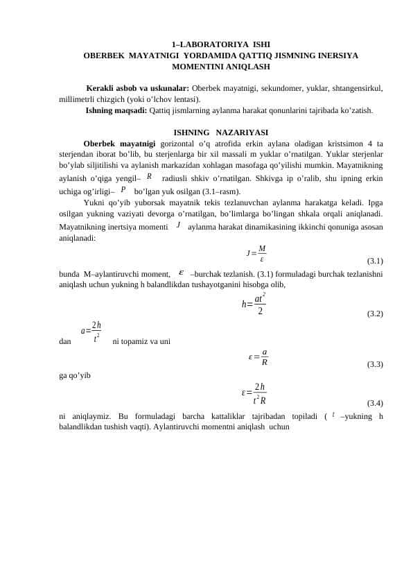 OBERBEK MAYATNIGI YORDAMIDA QATTIQ JISMNING INERSIYA MOMENTINI ANIQLASH