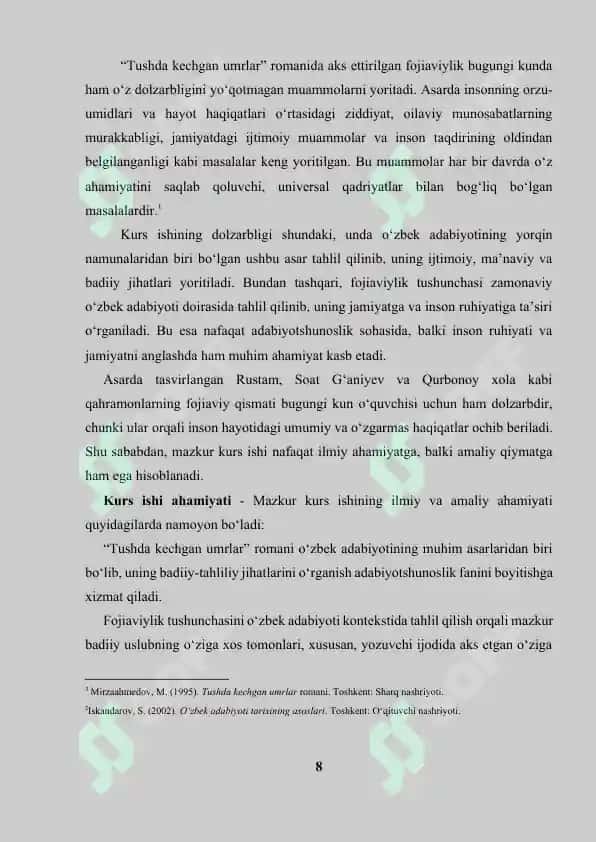 Kurs ishi "Tushda kechgan umrlar" romanida fojeaviylik mavzusida 7