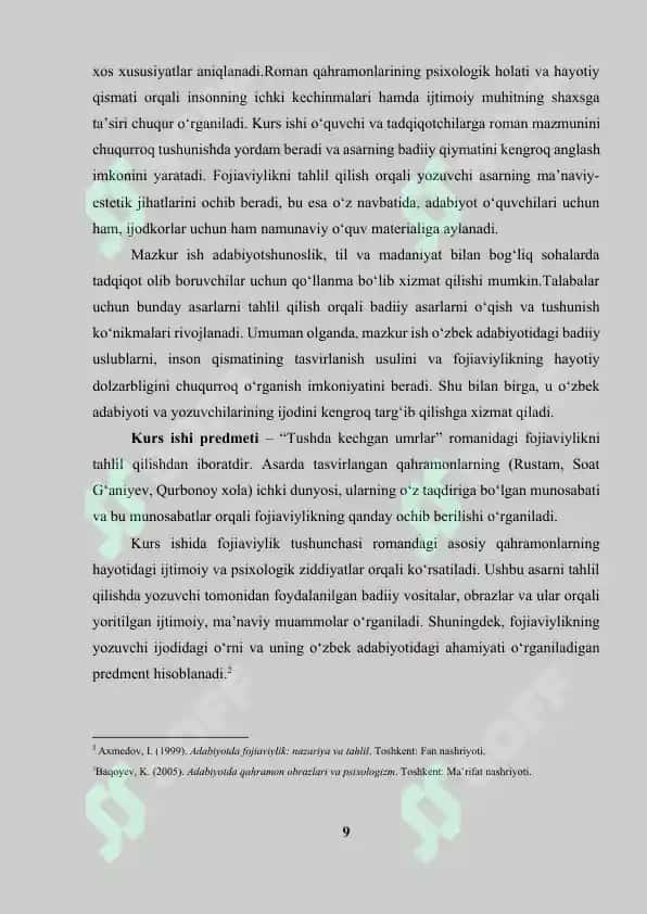 Kurs ishi "Tushda kechgan umrlar" romanida fojeaviylik mavzusida 8