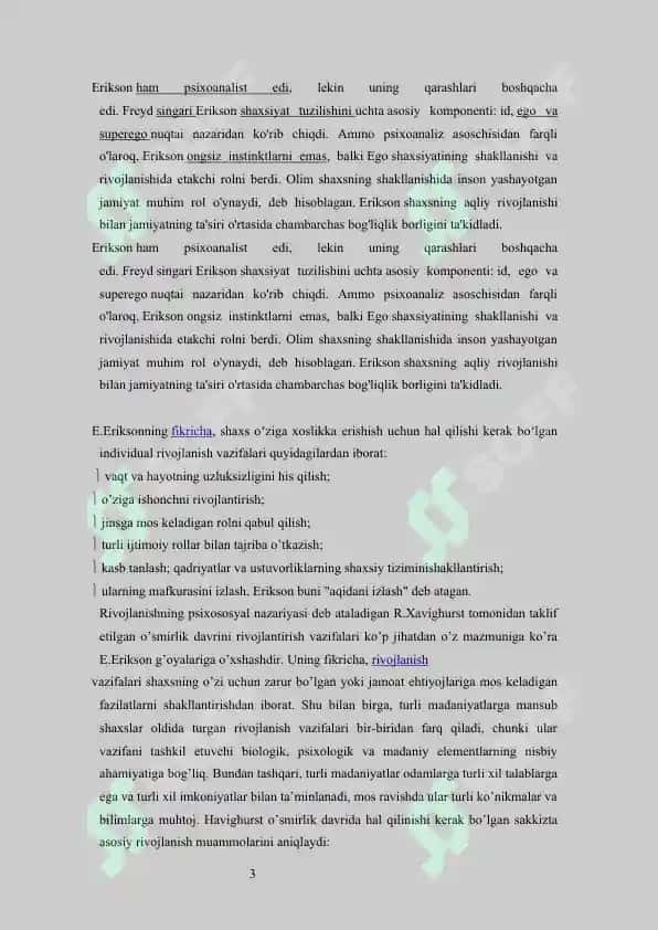 Zamonaviy psixoanalizning asosiy yo’nalishlari. E.Erikson nazariyasi 3