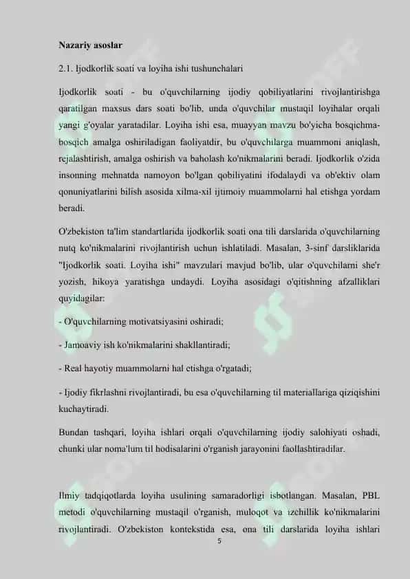 BOSHLANG'ICH SINF ONA TILI DARSLARIDA IJODKORLIK SOATI - LOYIHA ISHI DARSLARINI TASHKIL ETISH 5